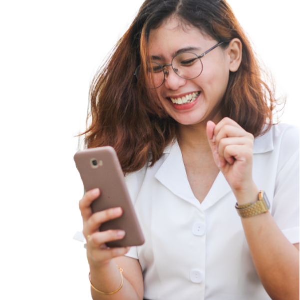 Happy woman looking at her phone